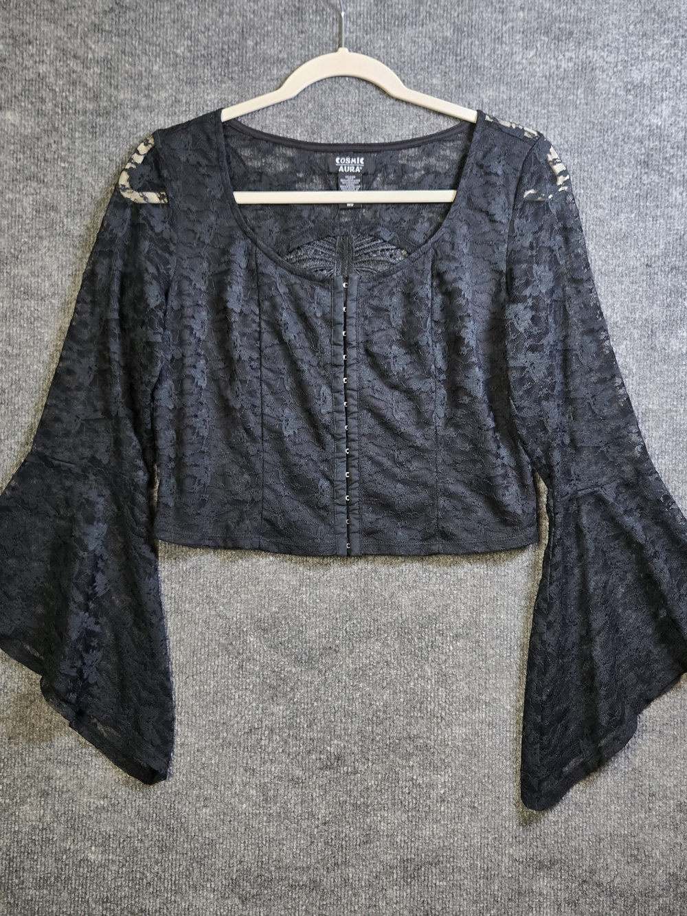 Cosmic Aura Top Womens M Black Lace Hook n Eye Flare Sleeve Witchy Dark Fairy